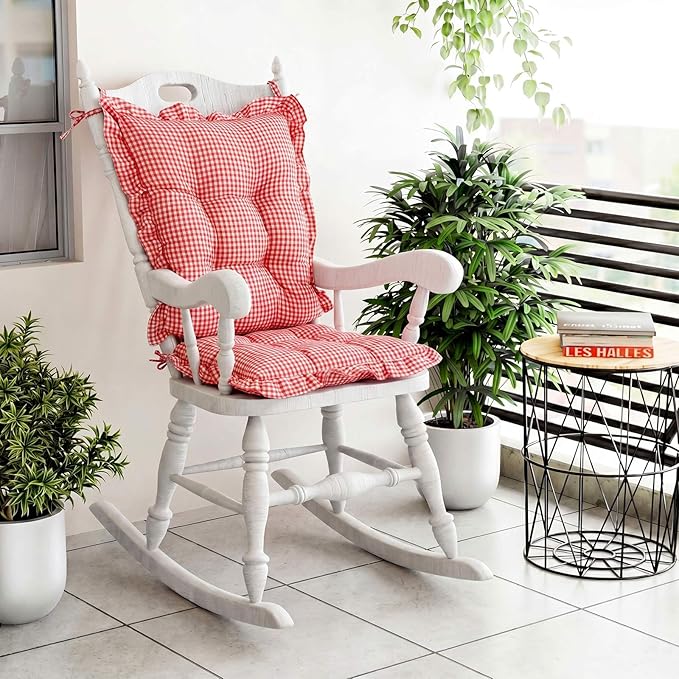 Lewtemi 2 Set Red Gingham Rocking Chair Cushion Village Ruffled Rocking Chair - Image 4