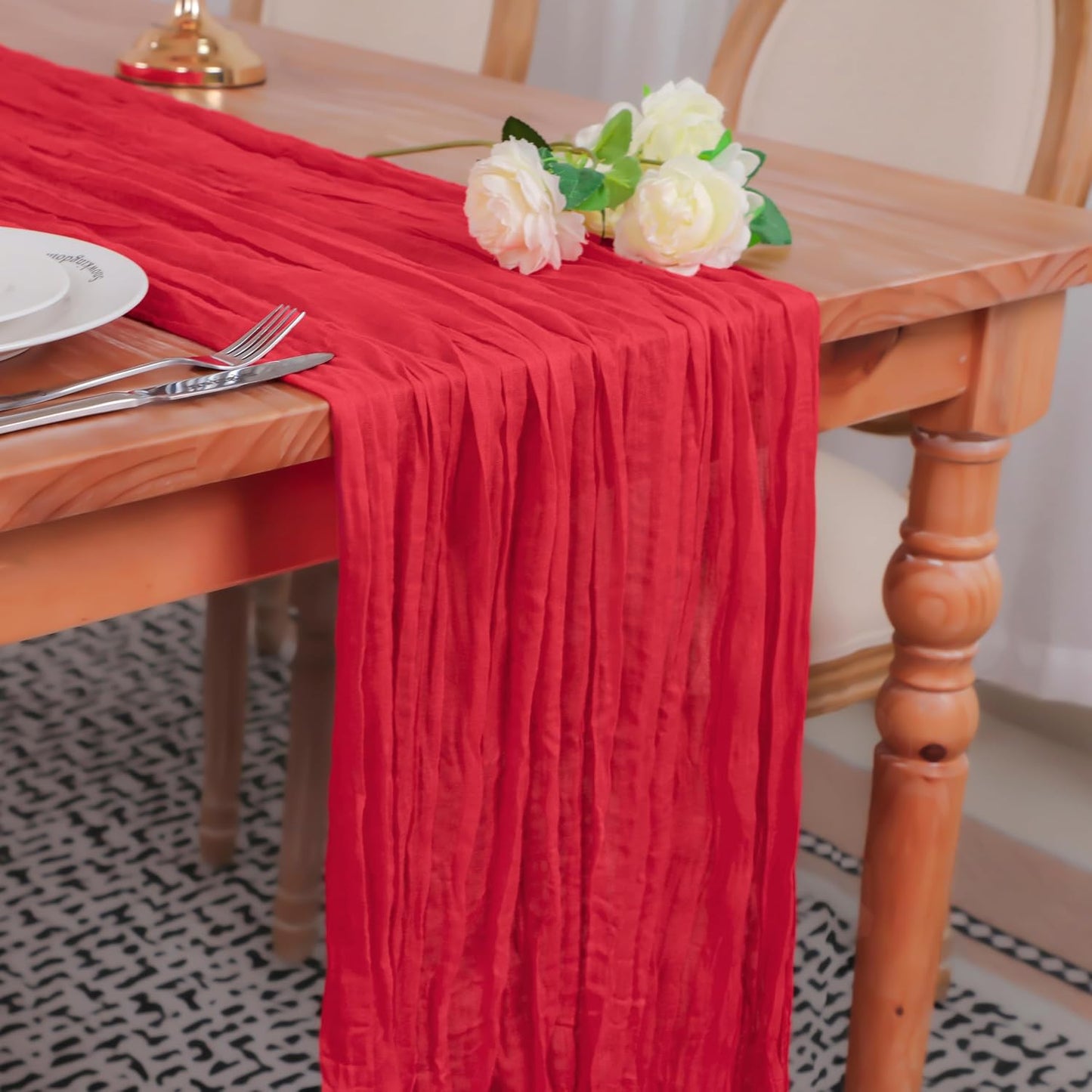 Snowkingdom 10 Ft Red Cheesecloth Table Runner, 120 inch Long Cheese Cloth Boho Gauze Runner for Wedding Bridal Baby Shower Birthday Sheer Table Decorations