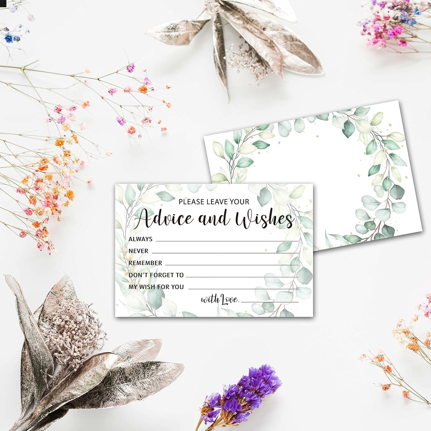 Greenery Advice and Wishes Cards, 25 Pcs Eucalyptus Double Sided Advice Cards for The Bride and Groom, Mr and Mrs, Bride Shower, Wedding Reception, Engagement Party(02)