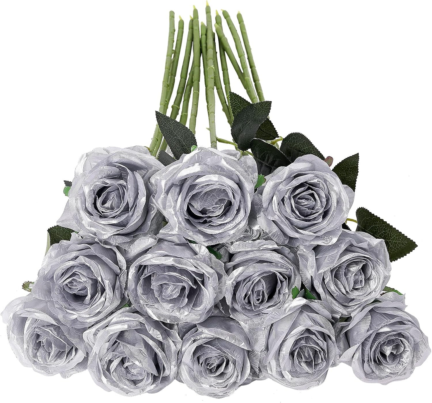 Tifuly Silver Roses Artificial Flowers -12Pcs Realistic Single Long Stem Fake Silk Roses Bouquet for Party Home Wedding Centerpiece Hotel Office Decor
