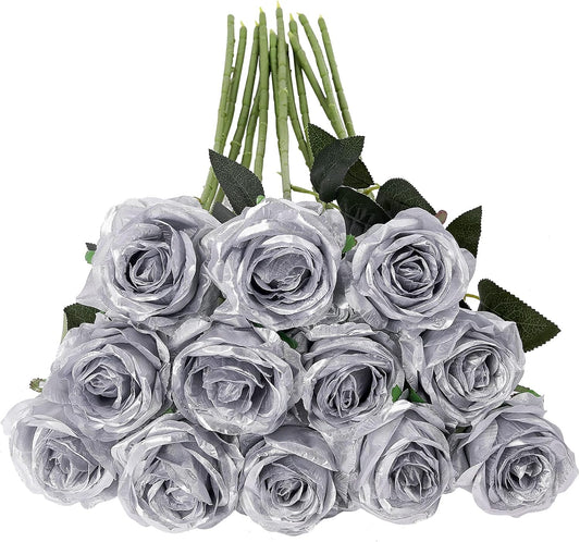 Tifuly Silver Roses Artificial Flowers -12Pcs Realistic Single Long Stem Fake Silk Roses Bouquet for Party Home Wedding Centerpiece Hotel Office Decor