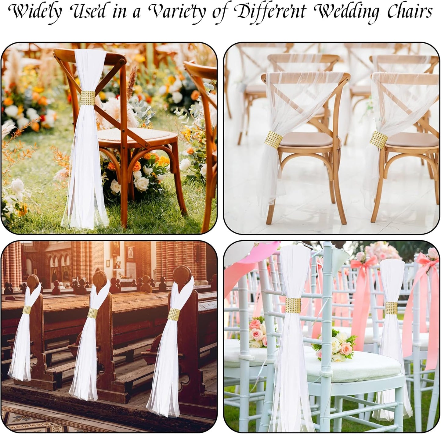 Large White Pew Bows Tulle Wedding Aisle Chair Decorations, Extended Church Pew Decor Aisle Flowers Runner for Weddings Ceremony Outside Decorations (26, Gold Wrap)