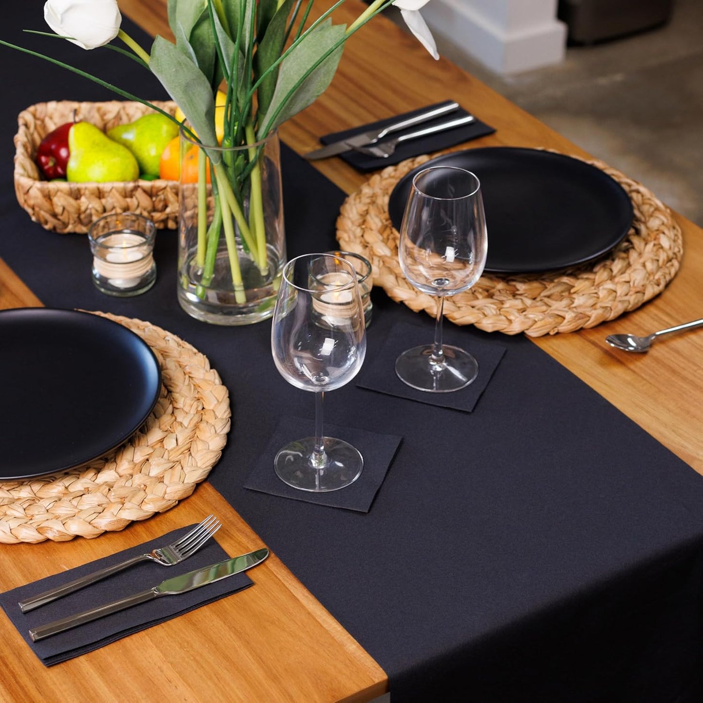 American Homestead Paper Table Runner Roll - 78 ft. Disposable Linen-Like Table Cover Roll - 20 Perforated Table Runners (16" x 48") for Parties, Weddings, and Events - Black