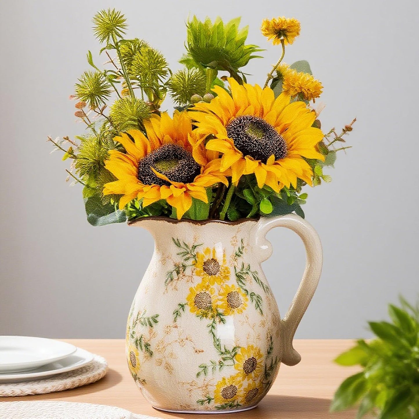 Sunflower Vintage Ceramic Yellow Floral Vase with Handle, Chinoiserie Floral Pitcher Vase, Rustic Ceramic Farmhouse Vases for Home Decor, Living Room, Bookshelf, Office, Grand Millennial Decor 7.9 in