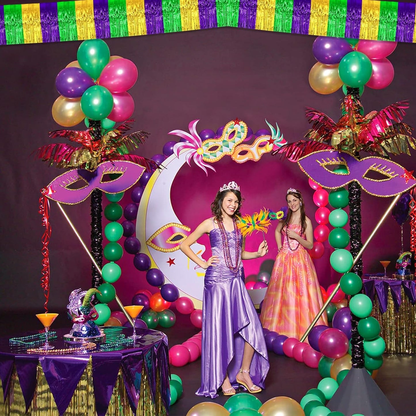 10 Pack 10 Feet Mardi Gras Foil Fringe Garland Metallic Tinsel Streamers Banner Wall Hanging Backdrop for Parade Floats, Bachelorette, Wedding, Birthday, Carnival Party Decorations(Gold Green Purple)