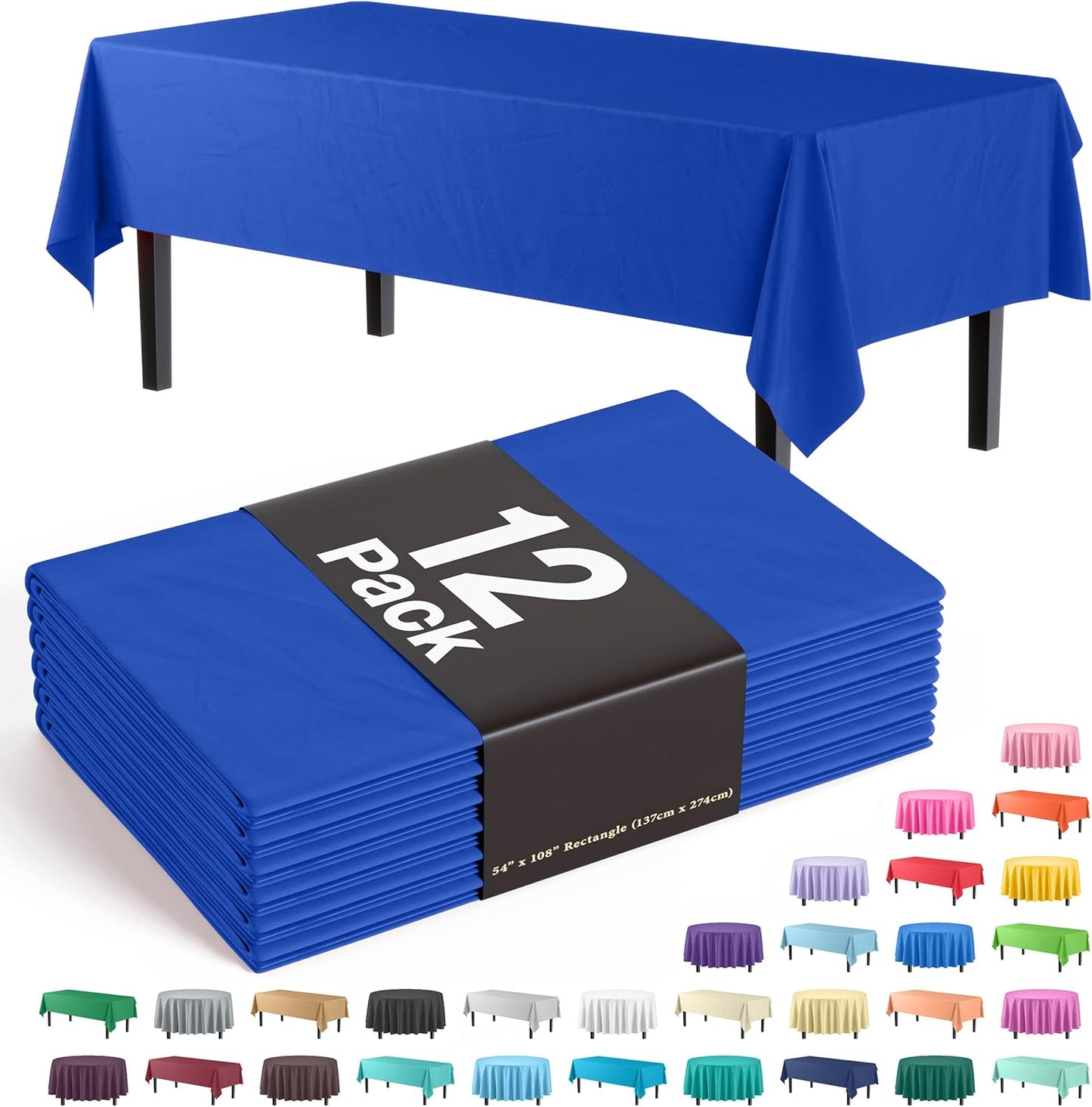 12-Pack Premium Plastic Tablecloth 54in. x 108in. Rectangle Table Cover - Dark Blue