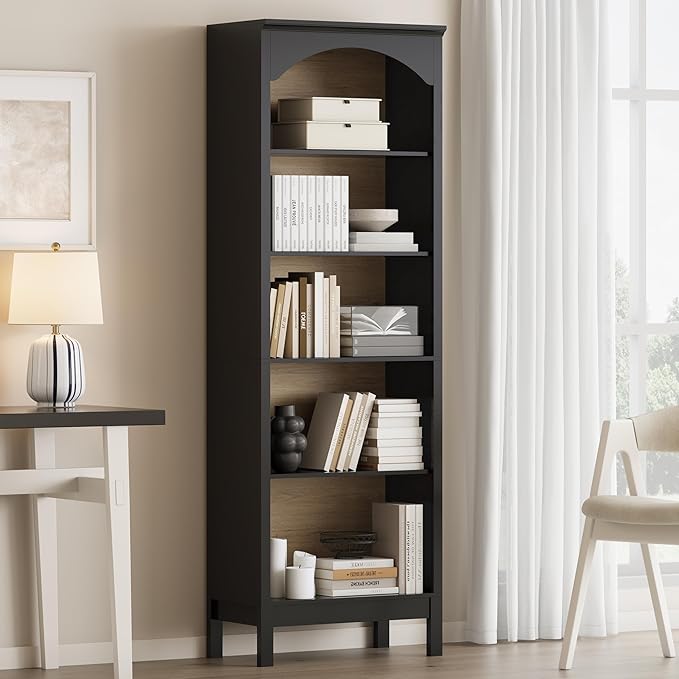 Arched Bookshelf with 5 Tier Open Shelves, Study and Living Room, Modern Black by JMHDYG