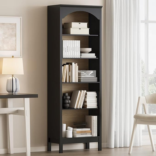 Arched Bookshelf with 5 Tier Open Shelves, Study and Living Room, Modern Black by JMHDYG