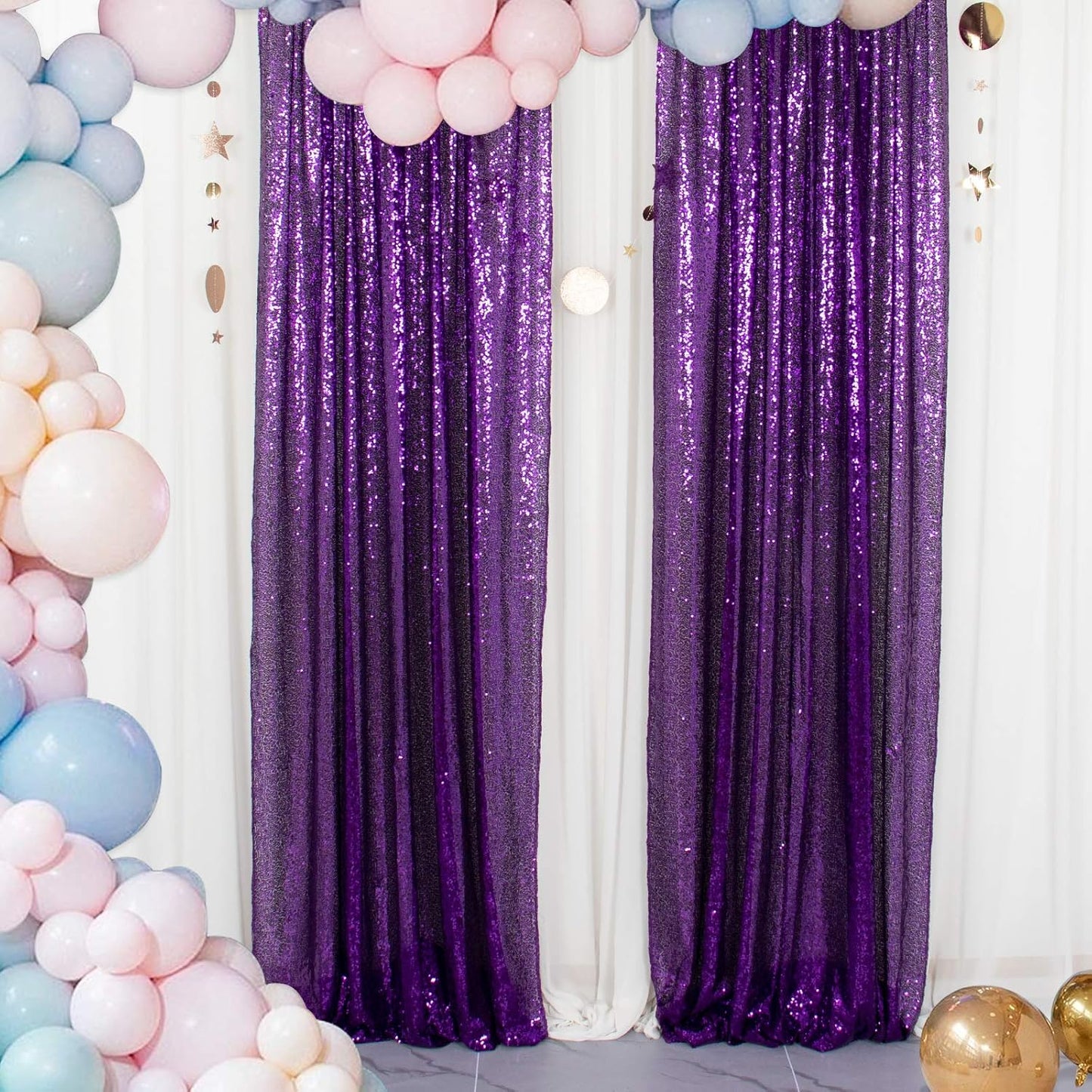 ShinyBeauty Sequin Curtains 2 Panels Purple 2FTx8FT Sequin Photo Backdrop Royal Purple Sequin Backdrop Curtain Pack of 2 Shimmer Fabric Backdrop Party Photographic Studio Photo Backgrounds