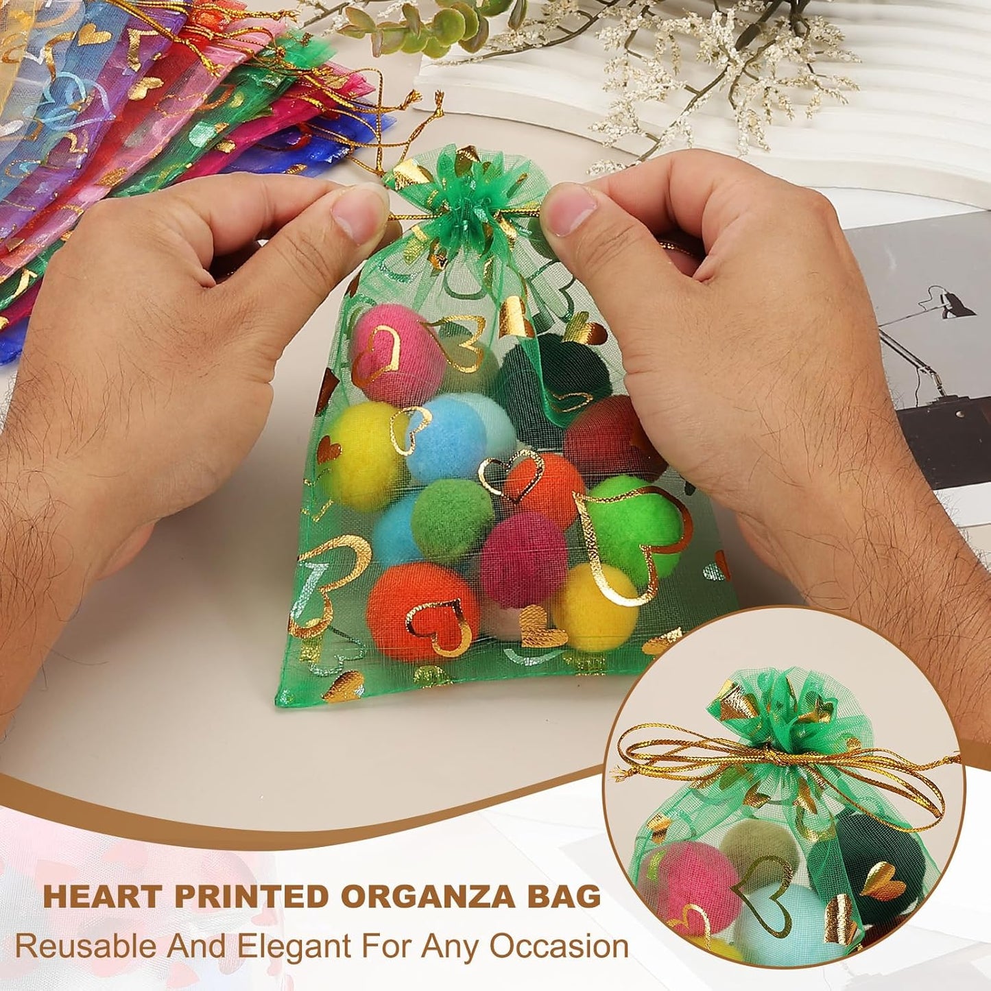 PATIKIL 50 Pcs 4x6 Inch Heart Printed Organza Bags, Red Sheer Heart Organza Bags with Drawstring for Festival Candy Jewelry Party Wedding Favor Gift