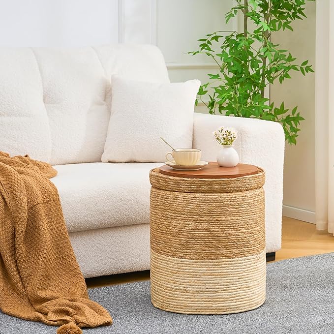Wimarsbon Round Pouf Ottomans, Handwoven Natural Water Hyacinth Seagrass Pouffe - Image 6