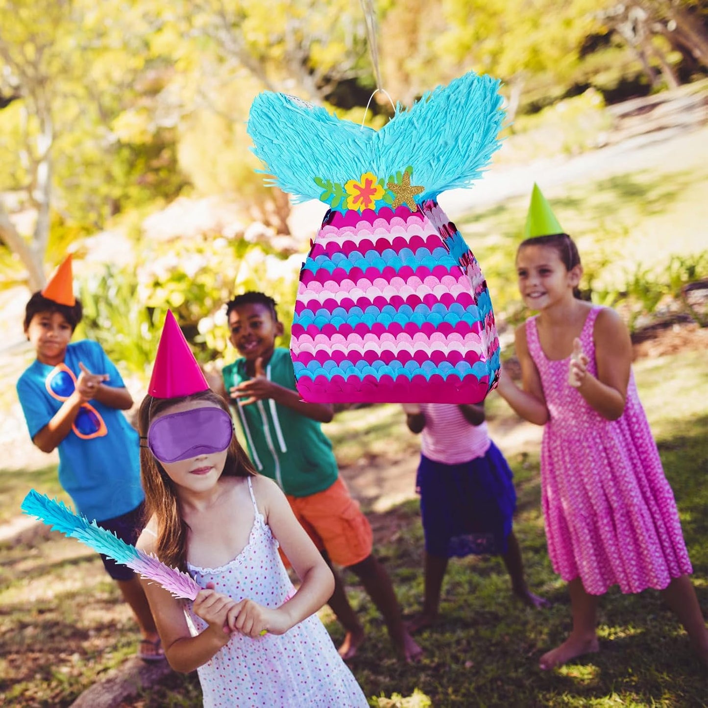 WERNNSAI Mermaid Piñata - Mermaid Party Games Decorations Mermaid Tail Piñata with Blindfold and Bat for Girls Kids Under the Sea Themed Birthday Party Supplies (12.5" x 16.5" x 3")