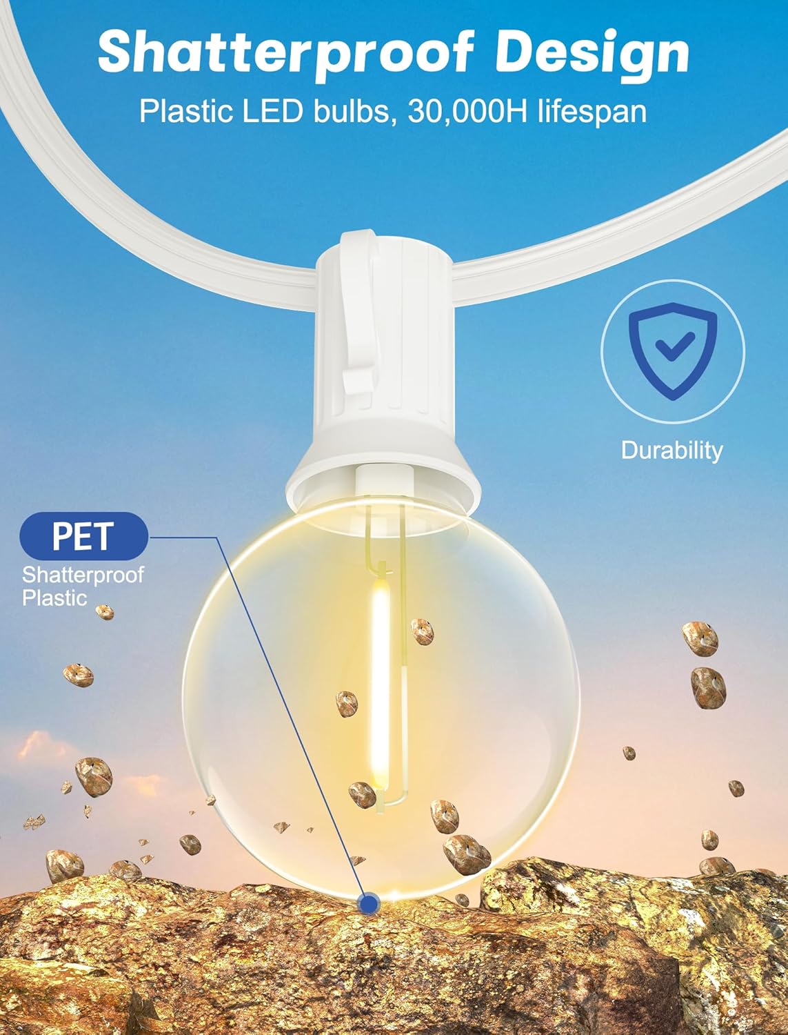 SUNSGNE White String Lights Outdoor, 50FT White Outdoor Lights with 52 G40 Shatterproof LED Bulbs(2 Spare) for Patio Garden Porch Pergola Bistro Outside Decorations, E12 Socket