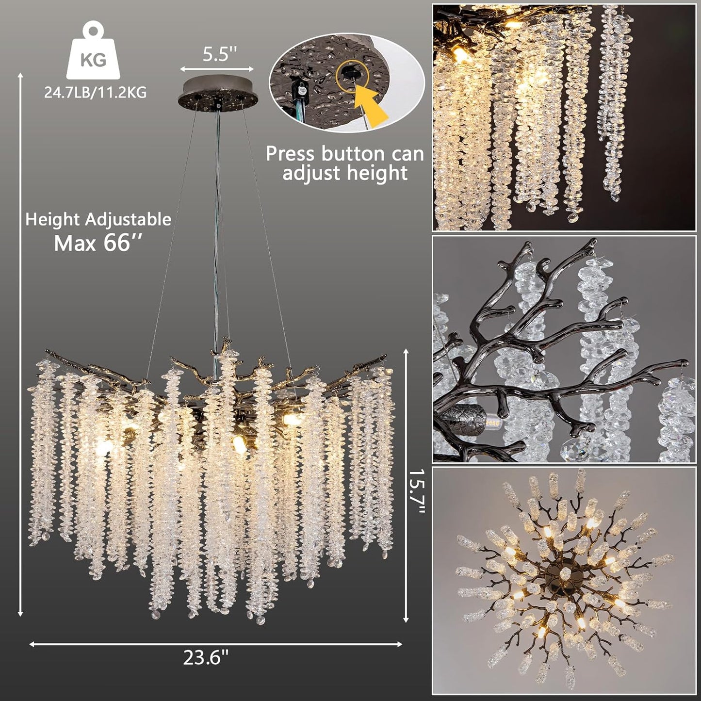 YUYI Modern Crystal Chandeliers for Dining Room,Black Tree Branches Chandelier Lighting,Round Luxury High Ceiling Chandelier Light Fixture Hanging Pendant Light Fixtures