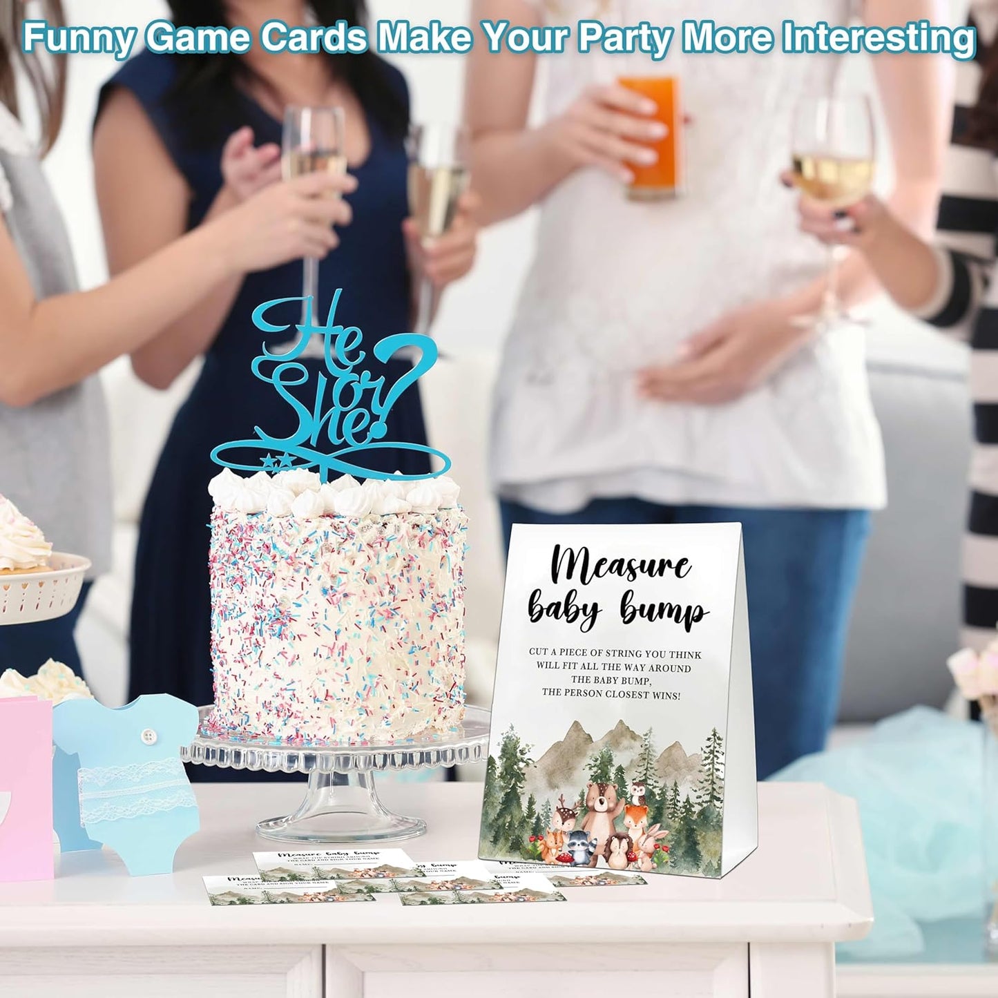 Woodland Baby Shower Game: Jungle Animal Safari Measure Baby Bump, 1 Standing Sign with 50 Cards for Gender Neutral Shower - A02