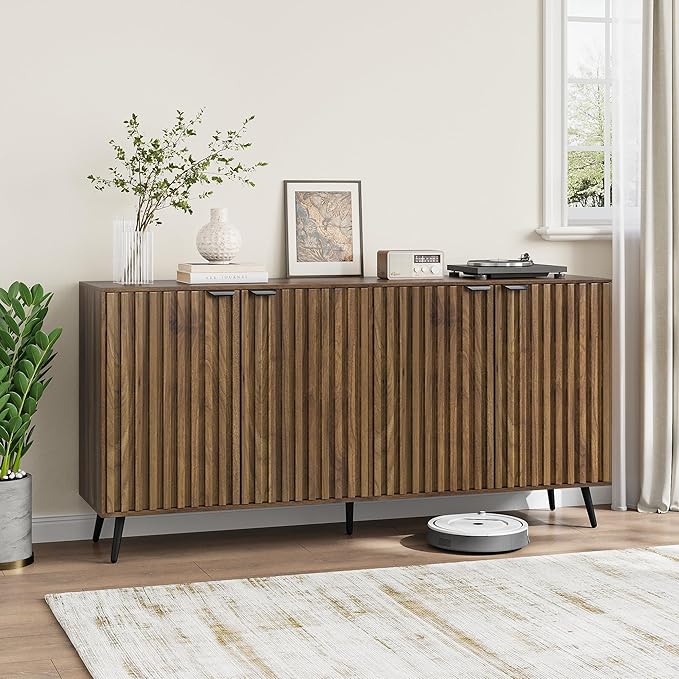 Smuxee 63" Fluted Sideboard Cabinet, Freestanding Walnut Buffet Cabinet - Image 3