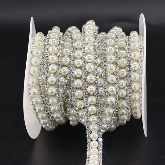 Jerler Rhinestone Trim Applique 2 Yards 2 Rows Crystal Chain Banding Diamond Inlaid White Pearl Beaded Rhinestones for Crafts Clothing and Bridal Embellishments Wedding Ideas Christmas Decorations