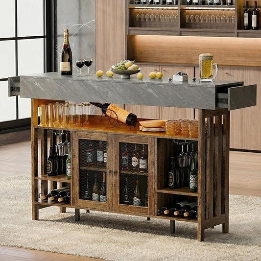 4-Tier Home Bar Unit, 63-Inch Wooden & Dark Gray Marble Bar Cabinet, LED Liquor by Gyfimoie