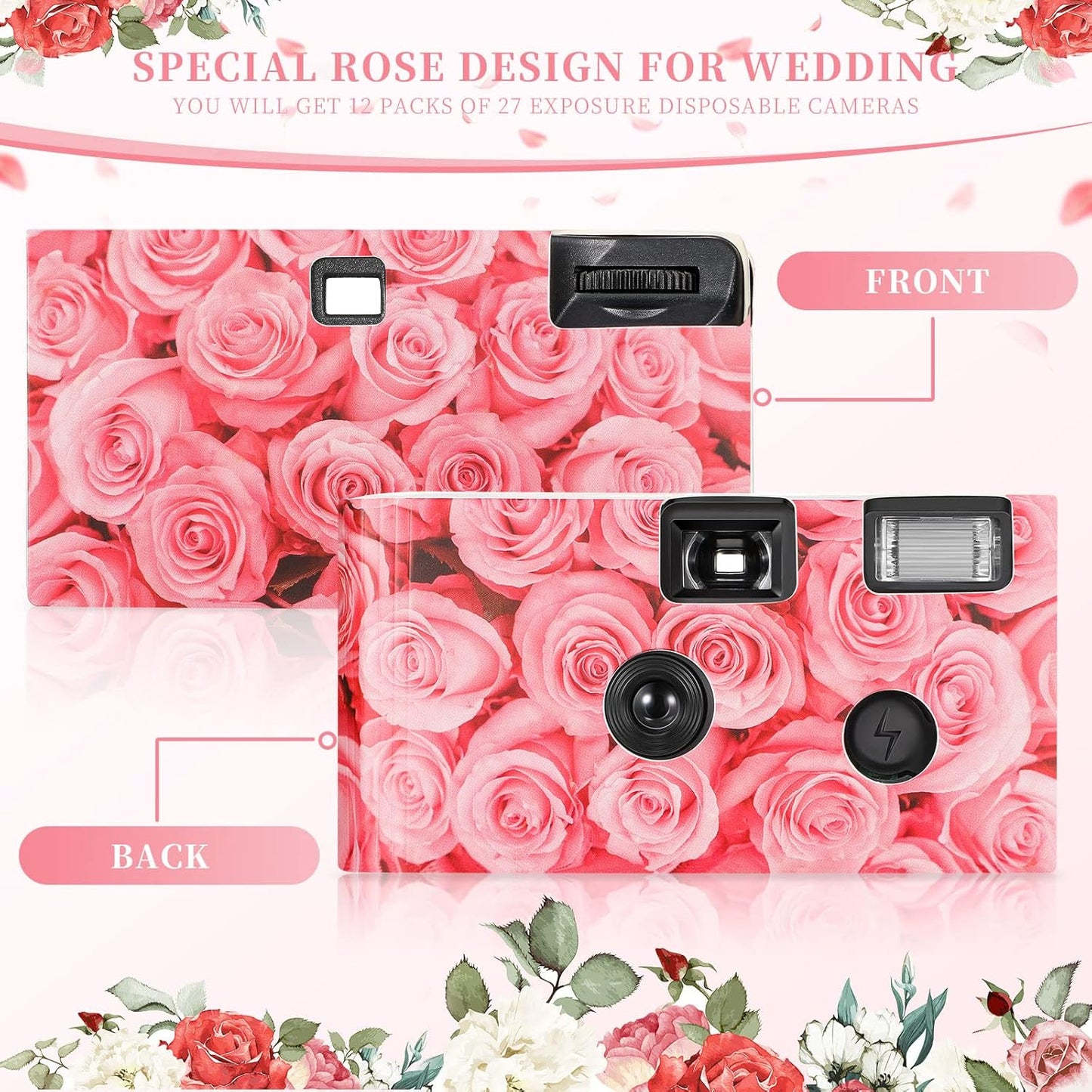 12 Pack Disposable Camera Bulk for Wedding 34 mm Single Use Film Camera with Flash for Wedding Baby Shower Anniversary Gathering Travel Camp Party Supply(Pink Rose)