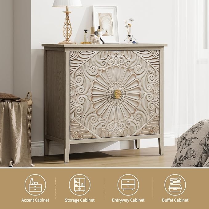 Carved Buffet Cabinet with Floral Pattern & Gold Handle, 31.5" W Distressed - Image 6