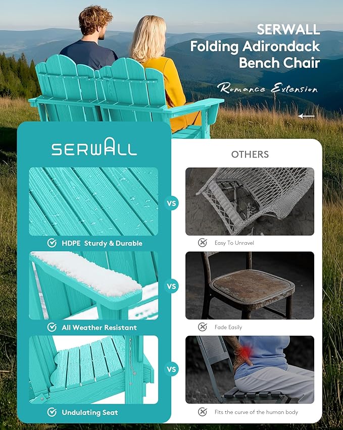 SERWALL Folding Adirondack Bench, HDPE All-Weather Adirondack Loveseat Set of 2 - Image 5