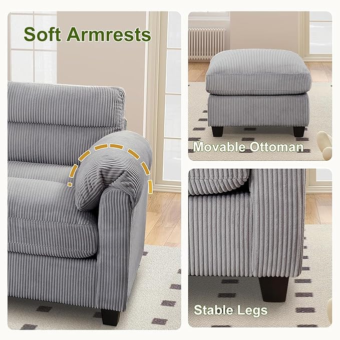 HAOMARKETS Corduroy 3-Piece Sofa Set, Upholstered Ottoman, Loveseat 2-Seater - Image 4