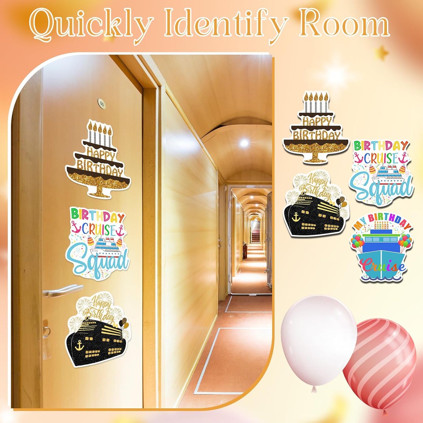 Hoteam 4 Pcs Birthday Cruise Door Decorations Magnetic Large Happy Birthday Cruise Ship Door Magnets Funny Waterproof Balloon Cake Nautical Magnets for Carnival Cabin Stateroom Fridge Car