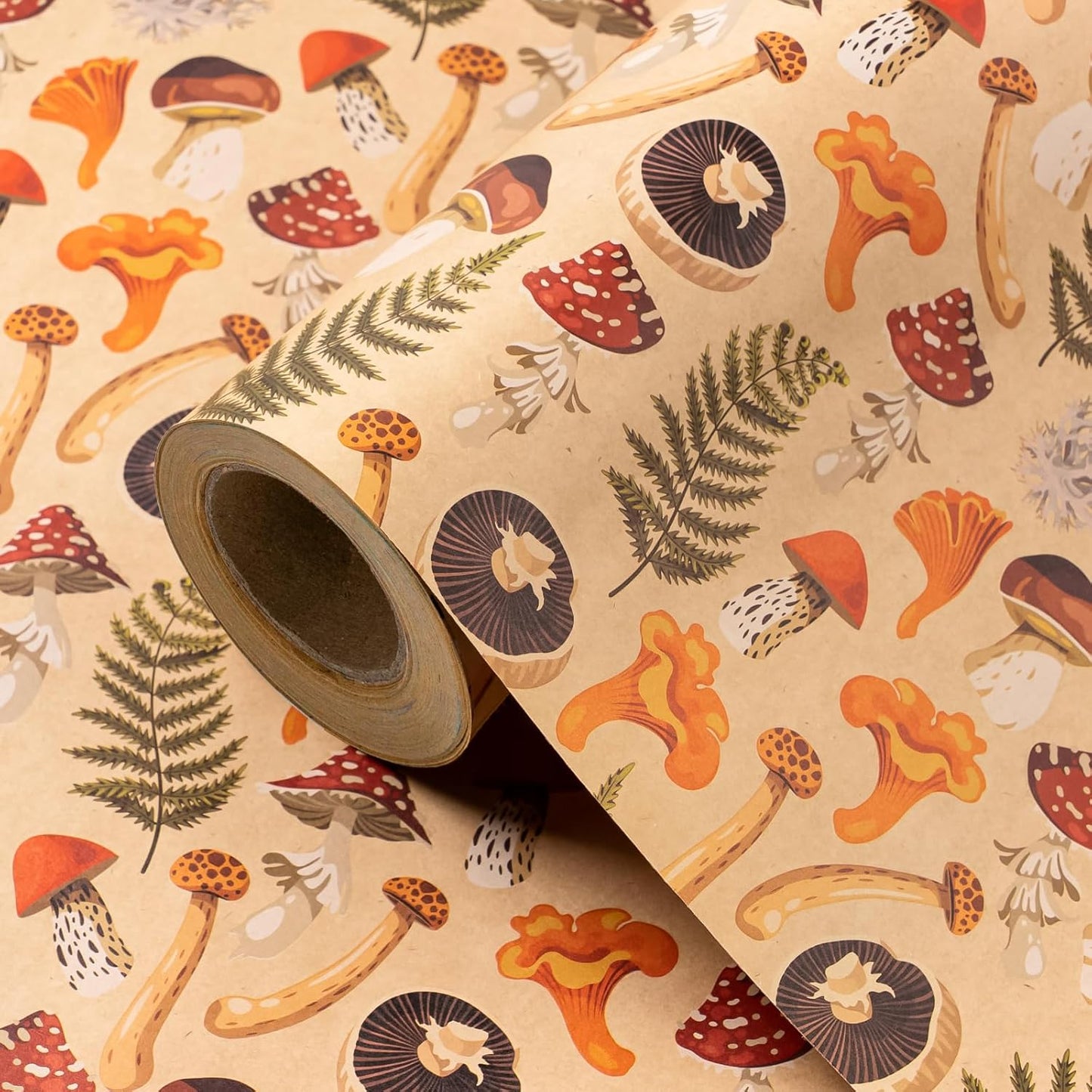WRAPAHOLIC Kraft Mushroom Wrapping Paper Roll - Mini Roll - 17 Inch x 16.5 Feet - Mushroom Gift Wrapping Paper for Birthday, Baby Shower, Autumn