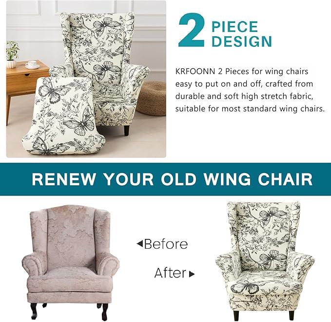 KRFOONN Velvet Wing Chair Slipcovers 2 Piece Stretch Printed Wingback Chair - Image 4