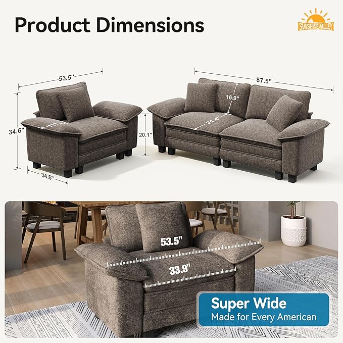 SUNSHINE VALLEY 87.5'' Oversized Loveseat Couch and Chair Set, 3-Seat Chenille - Image 8