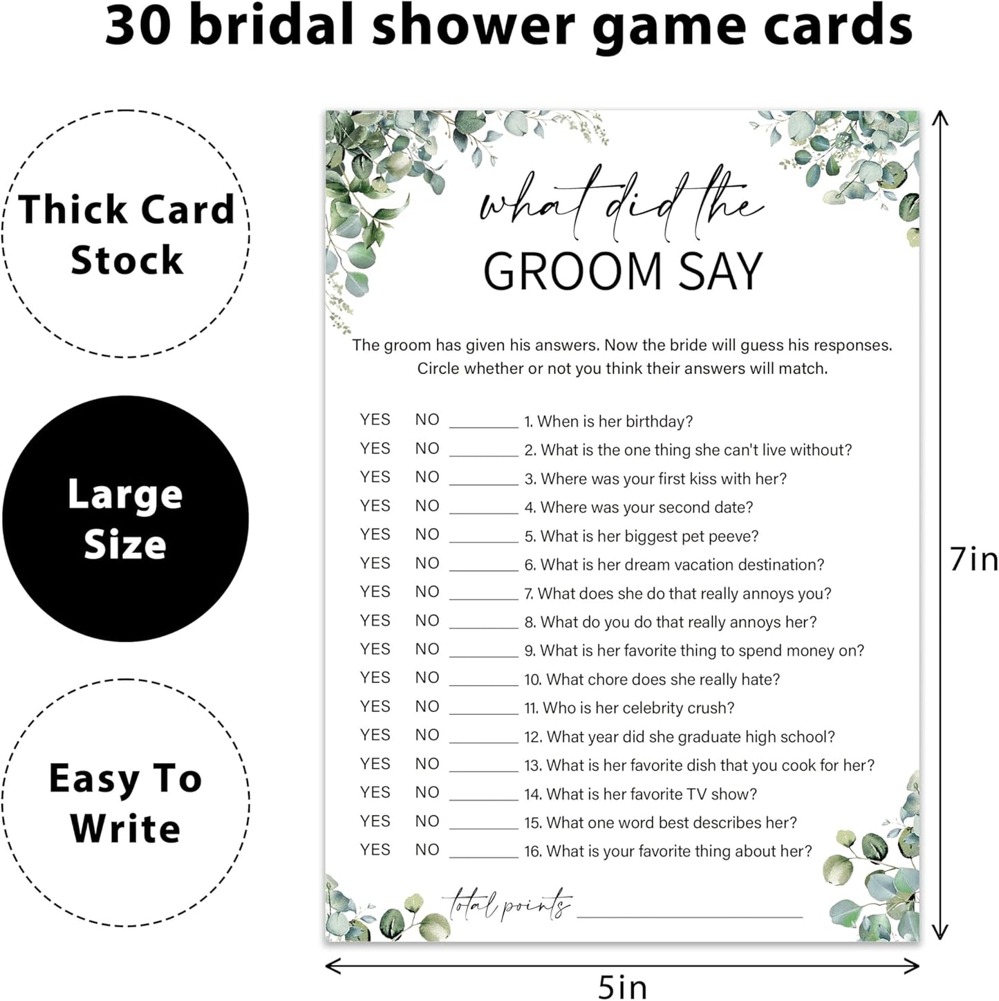 Eucalyptus Bridal Shower Game Cards - What Did the Groom Say, Wedding Engagement Bachelorette Party Bridal Shower Games for 30 Guests, Double Sided Cards Set of 30, Activity Supplies & Favor/A08