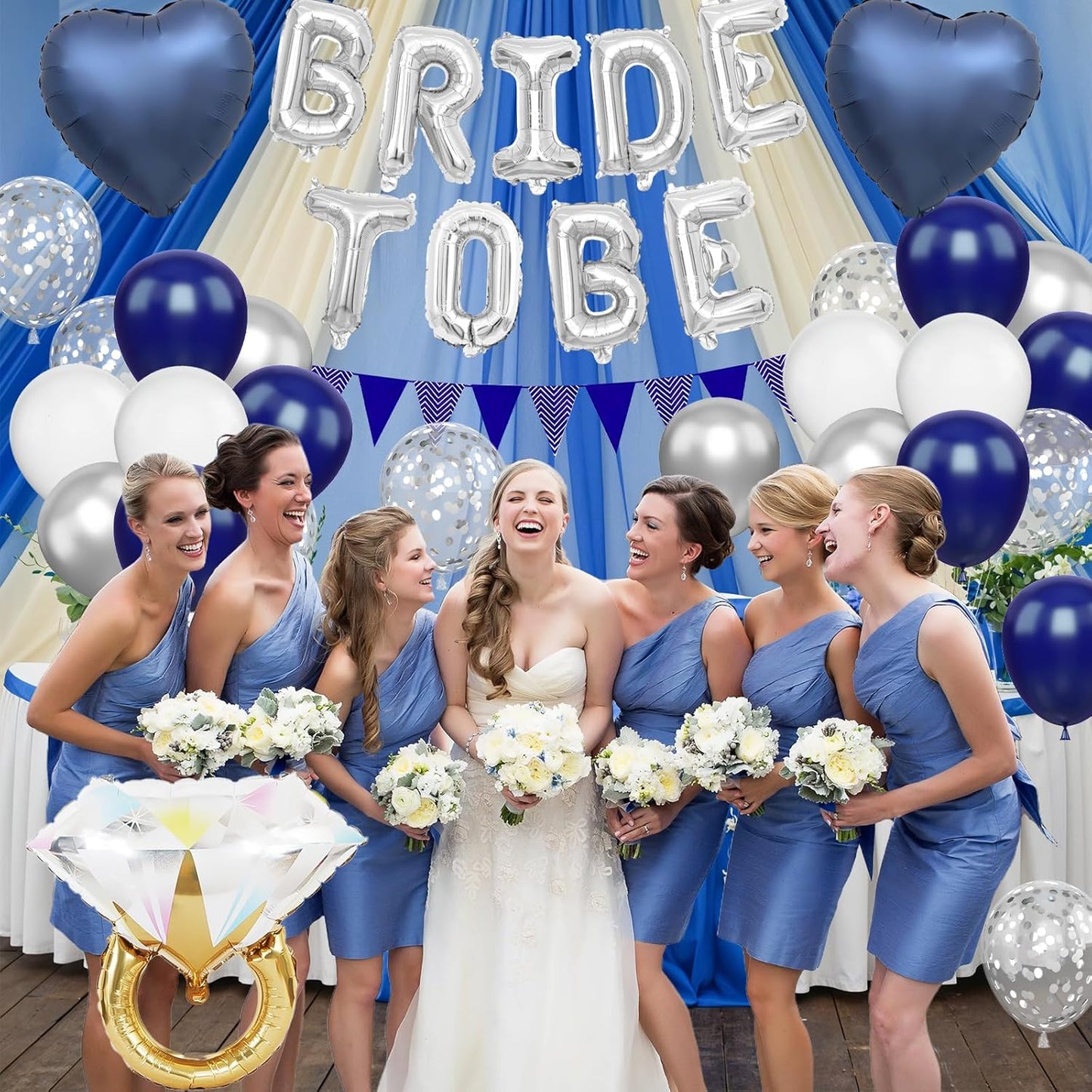 Blue Silver Bachelorette Party Decorations, Silver Bride To Be Bridal Shower Balloons Decoration, Navy Blue White Silver Balloon and Diamond Ring Blue Heart Balloon for Bachelorette Engagement Wedding