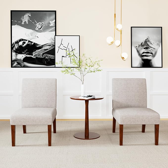 Set of 2 Accent Chairs with Matching Table, Linen Upholstered Solid Wood Side - Image 6