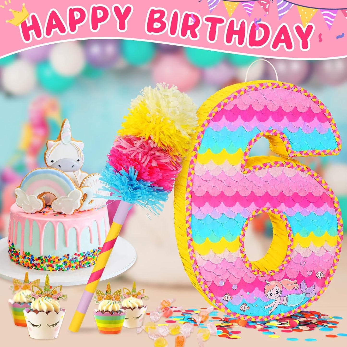 Number 6 Pinata for Birthday Party Decorations, Unicorn Mermaid Theme Pink Piñata Games Toy (6th)