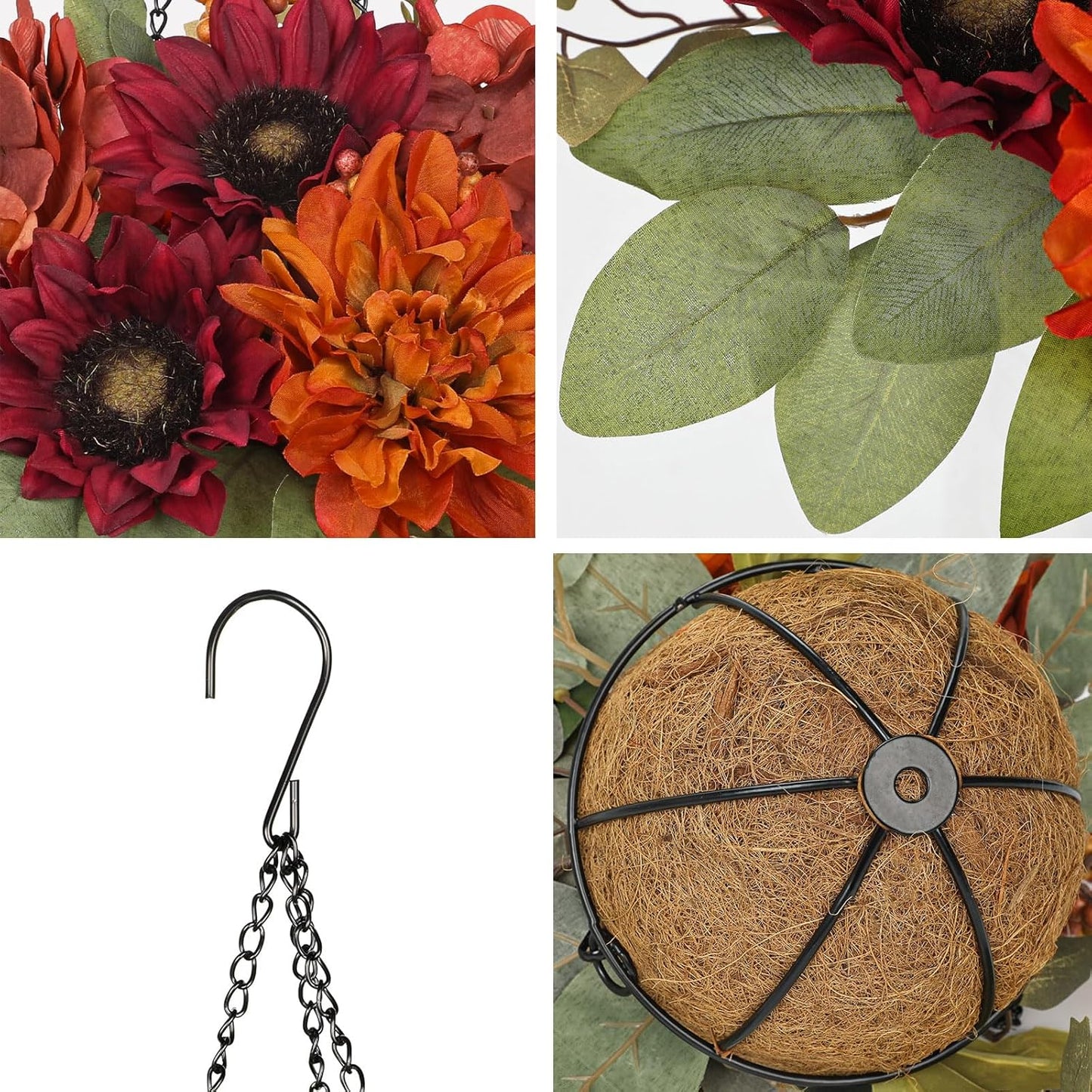 Hydrangea Fall Hanging Baskets Sunflowers Artificial Flowers Fall Hanging Decor Sunflowers Flowers Red Orange Fake Hydrangea Faux Plants Indoor Outdoor for Porch Garden Autumn Decorations for Home