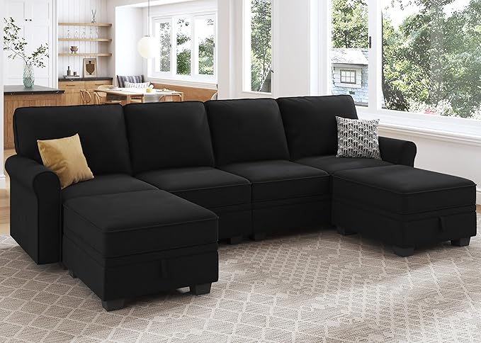 HONBAY Sectional Sofa with Storage Seat Velvet U Shaped Couch with Reversible - Image 5
