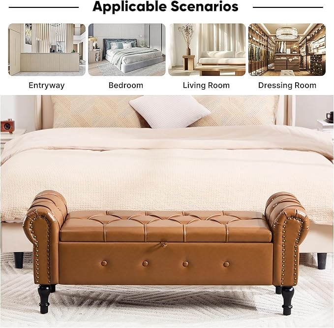 Storage Bench for Bedroom, Faux Leather 51" End of Bed Bench, Queen Size Bench - Image 5