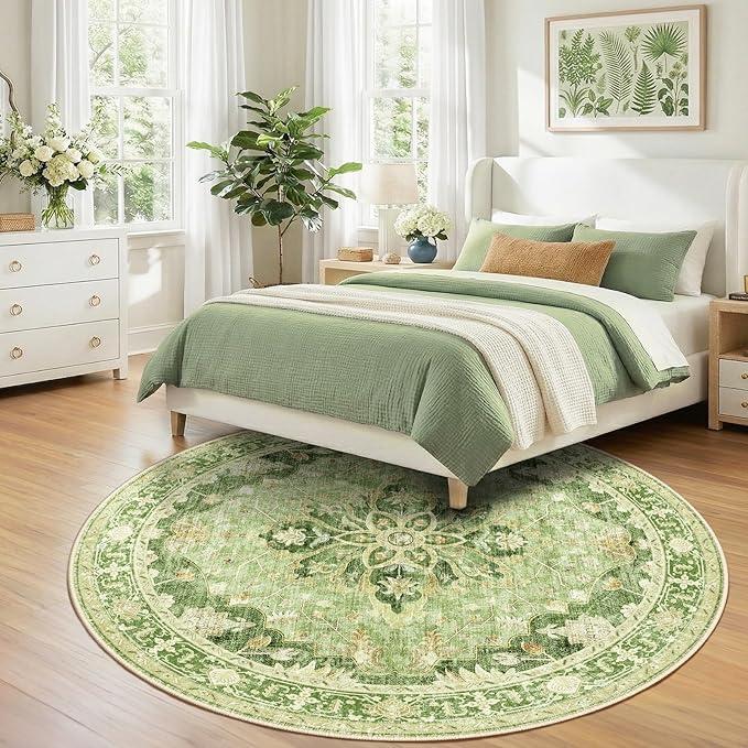 RELEANY Area Rugs Round 8ft Washable Non-Slip, Floral Vintage Distress Print - Image 3