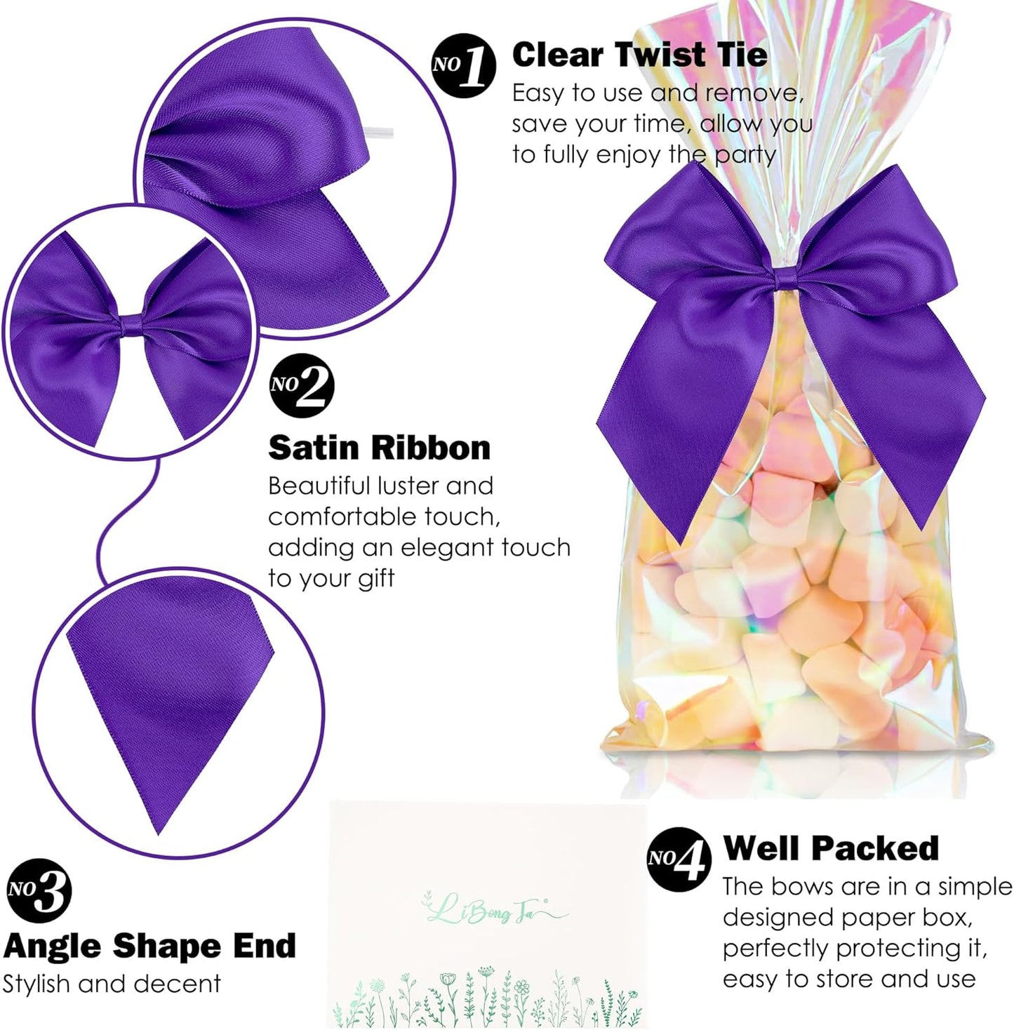 5'' Purple Bow Party Decorations Satin Bows, Twist Tie Bows for Treat Bags, Cake Pops, Pre-Tied Bow Premade Ribbon Bows for Crafts, Holiday Bows for Gift Wrapping, Wedding Decor-24 Counts