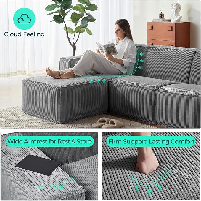 LINSY HOME Modular Sectional Sofa, Corduroy Sectional Cloud Couches - Image 3