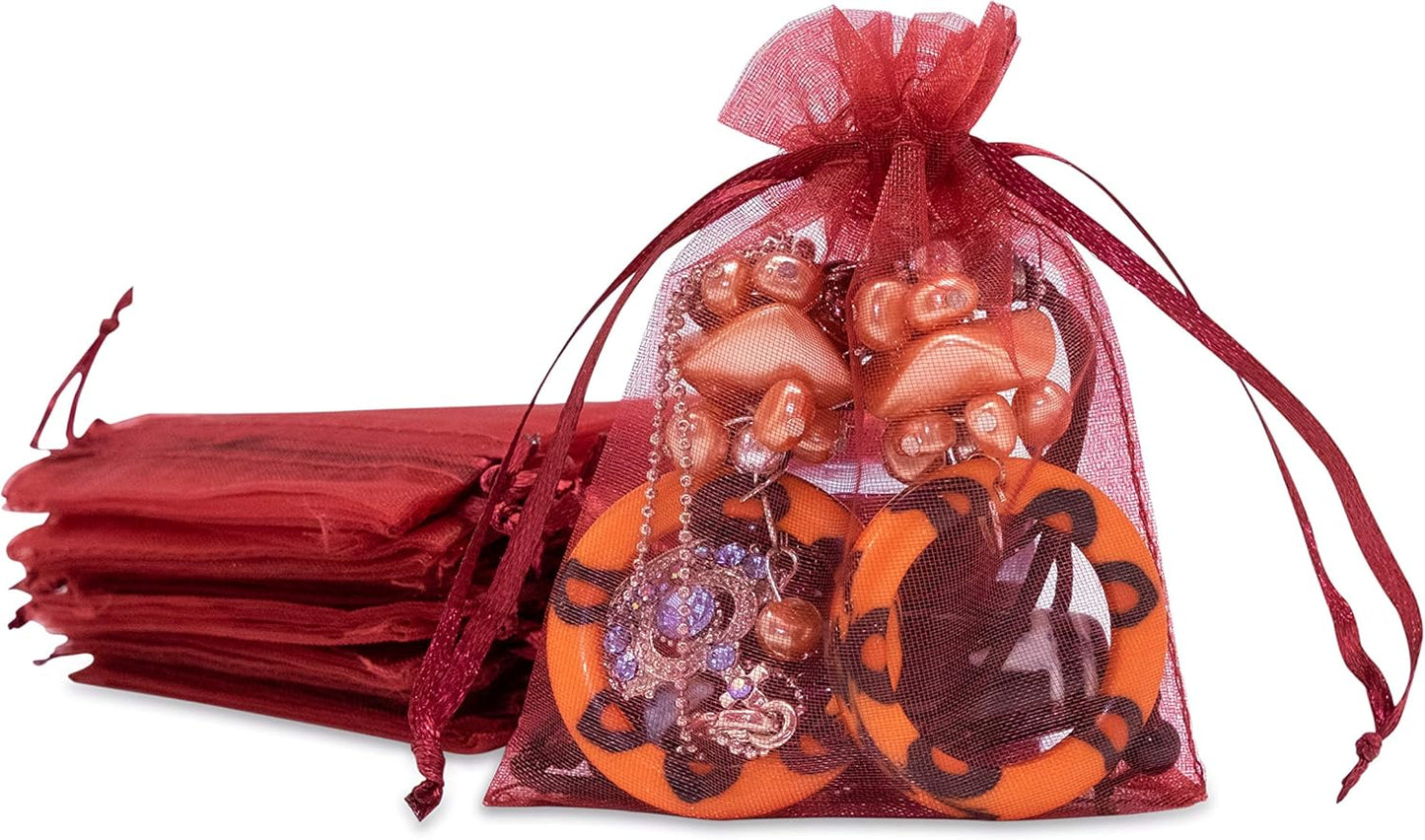 TheDisplayGuys 100-Pack 3x4 Maroon Sheer Organza Gift Bags with Drawstring, Jewelry Candy Treat Wedding Party Favors Mesh Pouch