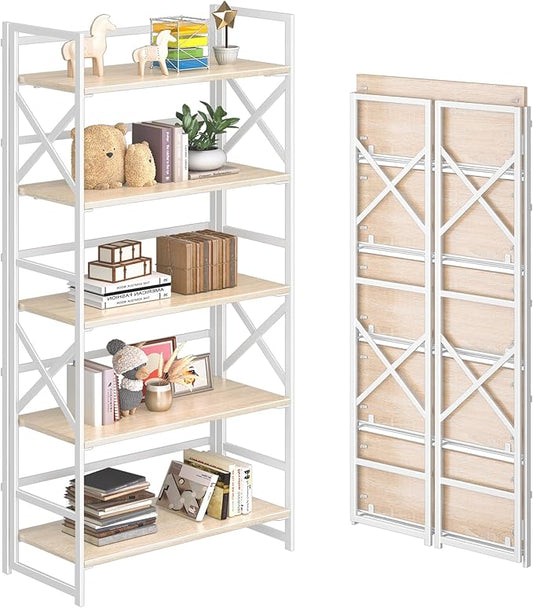 4NM 5 Tiers No Assembly Book Shelves, 51.2" H Folding Bookshelf Bookcase Open by 4NM