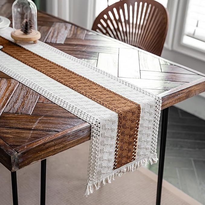 Macrame Table Runner Cream Beige and Caramel Boho Table Runners - Image 3