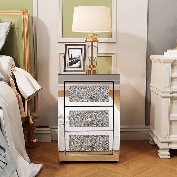 3-Drawer Mirrored Nightstand Bedside Table, Modern Mirrored End Side Table by HEPMIMZHU