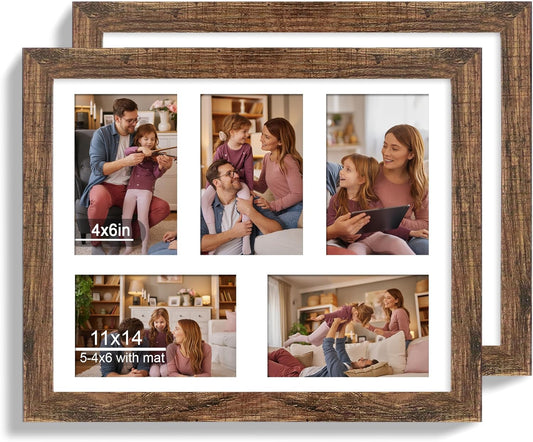 11x14 Picture Frame Set of 2, Rustic Brown Wood Frame with Real Glass Collage Picture Frames, Display Pictures Five 4x6 With Mat or 11 x 14 Without Mat, Photo Frames Wall Gallery