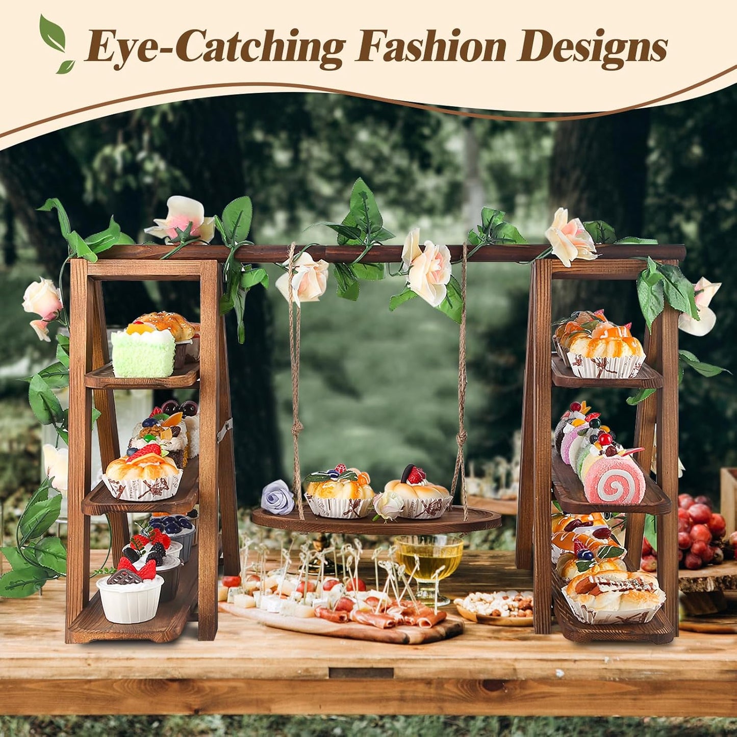 Wooden 3 Tier Cupcake Stand with Swing and Flower Decoration Serving Removable Tray Display Serving Ladder Foldable Stand with Serving Platter Tray Party Food Display Set for Cake Snack Fruit Chips Bread Centerpieces Catering