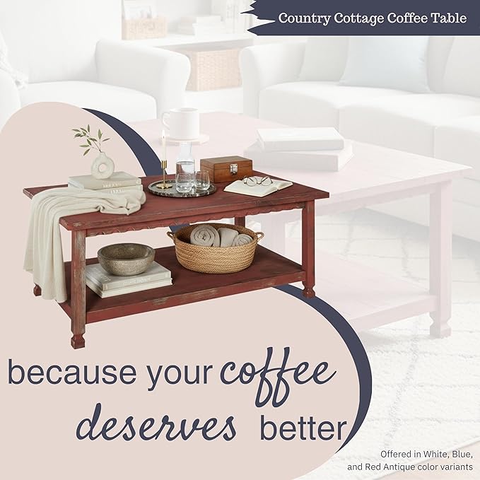 Rustic Rectangluar Coffee Table w/ 1 Shelf, Distressed Finish, Farmhouse Style - Image 4
