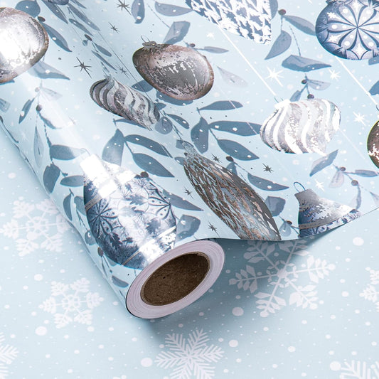 LeZakaa Christmas Silver Wrapping Paper Mini Roll, Silver Blue Christmas Ornaments, White Blue Snowflakes Metallic Foil, Reversible Design for Winter Holiday Family Gathering, 17 inches x 32.8 Feet