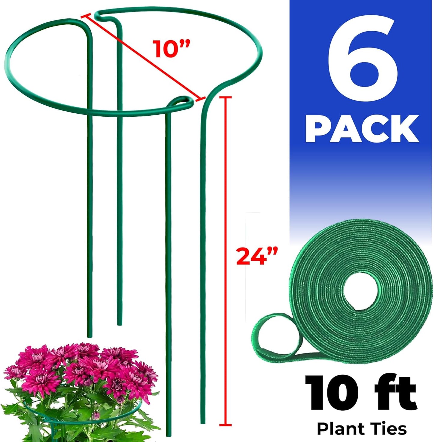 K-Brands Tall Plant Support Stakes – 10"W x 24"H Half Round Peony Cages and Supports for Indoor and Outdoor Plants – Plant Cage Ring Support for Flower - Peony, Tomato, Hydrangea, Rose Bush (6 Pack)