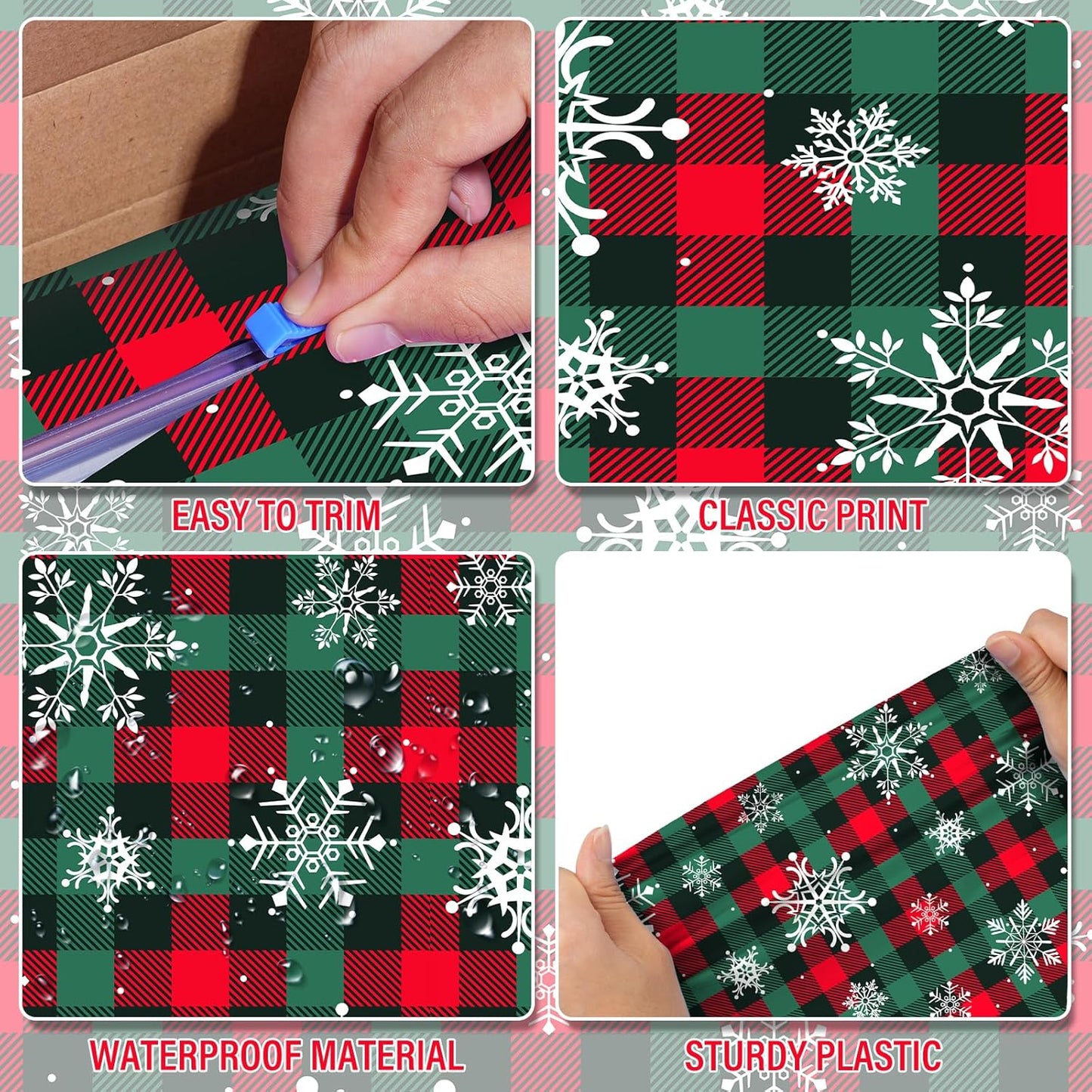 4.5x 100 Ft Roll of Christmas Buffalo Plaid Plastic Tablecloth Decorations,Disposable Red Green Snowflake Table Cover Photography Backdrop with Cutter Box for Christmas Holiday New Year Party Supplies
